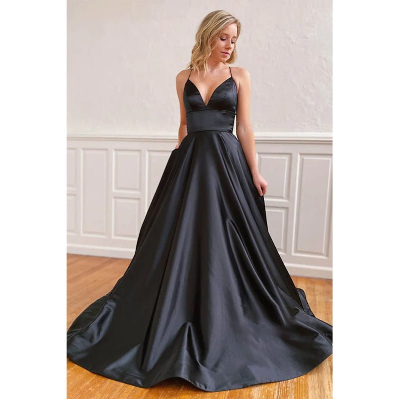 NumberSea - A - line Black Satin V - neck Long Simple Prom Dress with Pockets Formal Evening Gowns