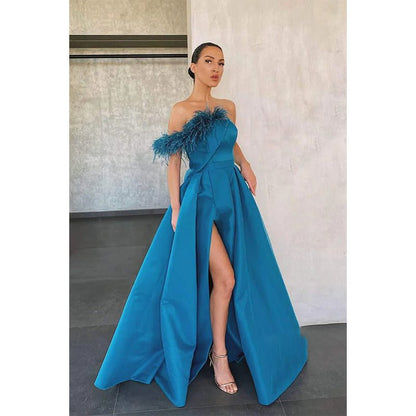 NumberSea - A - line Blue Satin Strapless Chic Feather Long Prom Dress with Slit Evening Gowns