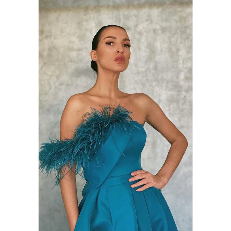 NumberSea - A - line Blue Satin Strapless Chic Feather Long Prom Dress with Slit Evening Gowns