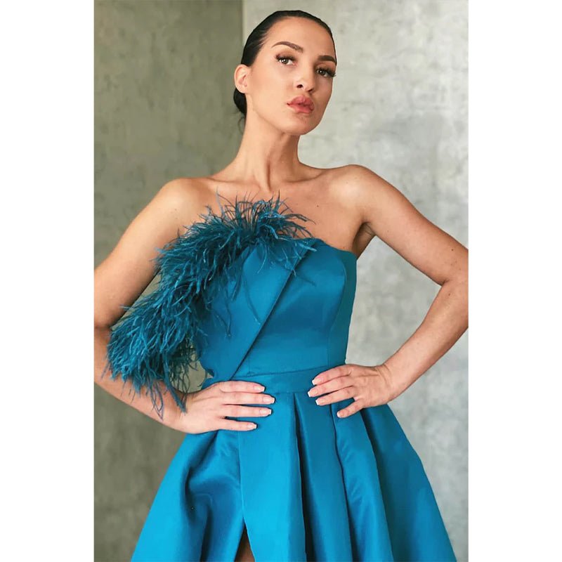 NumberSea - A - line Blue Satin Strapless Chic Feather Long Prom Dress with Slit Evening Gowns