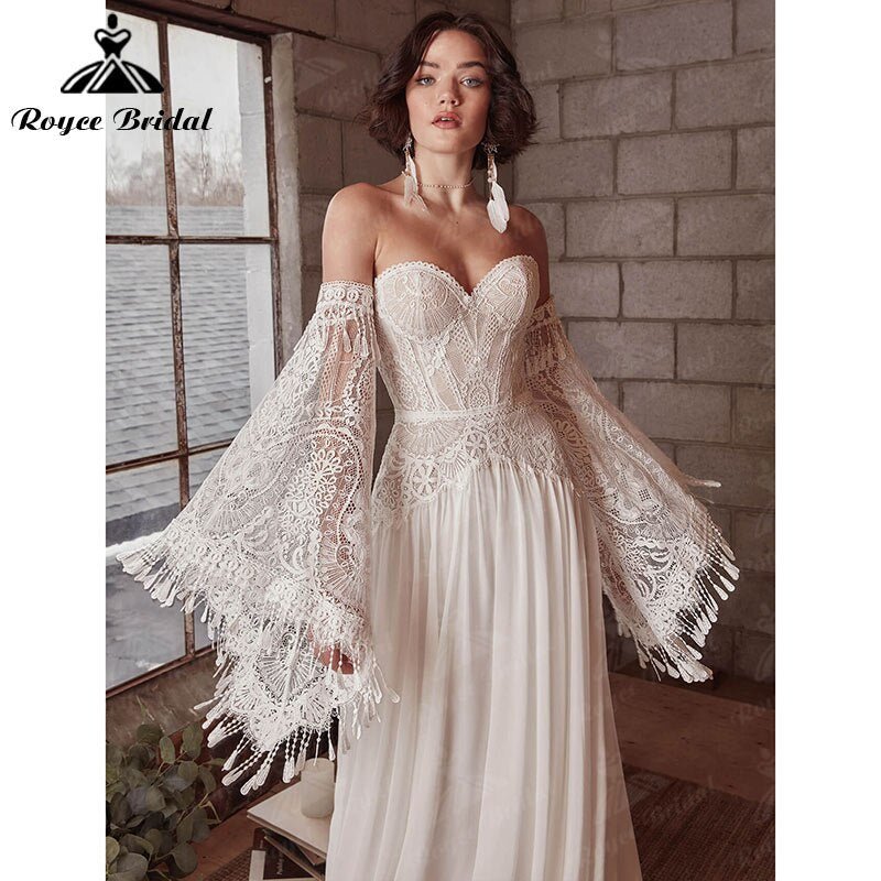 NumberSea - A Line Boho Bohemia Wedding Dress Long Flare Sleeve Lace Chiffon Backless Court Train Sweetheart Robe De Mariée Sheer 2022