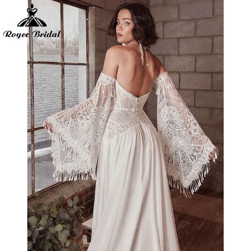 NumberSea - A Line Boho Bohemia Wedding Dress Long Flare Sleeve Lace Chiffon Backless Court Train Sweetheart Robe De Mariée Sheer 2022