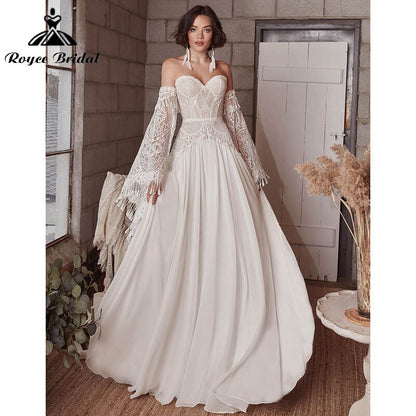 NumberSea - A Line Boho Bohemia Wedding Dress Long Flare Sleeve Lace Chiffon Backless Court Train Sweetheart Robe De Mariée Sheer 2022