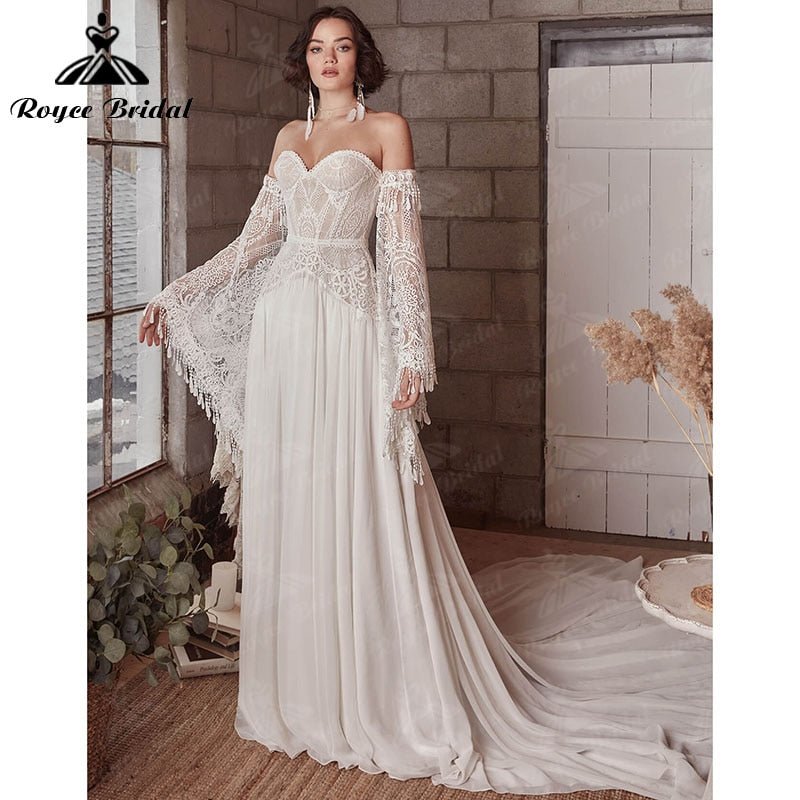 NumberSea - A Line Boho Bohemia Wedding Dress Long Flare Sleeve Lace Chiffon Backless Court Train Sweetheart Robe De Mariée Sheer 2022