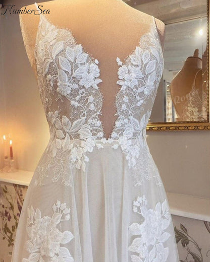 NumberSea - A Line Boho Wedding Dress with V Neck Lace Appliqued Spaghetti Straps Sweep elegant