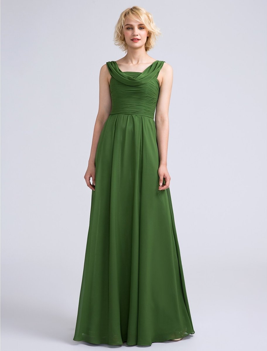 NumberSea - A - Line Bridesmaid Dress Cowl Neck Sleeveless Open Back Floor Length Chiffon with Ruched