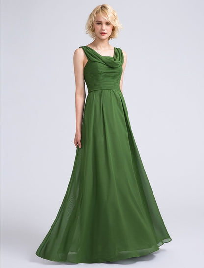 NumberSea - A - Line Bridesmaid Dress Cowl Neck Sleeveless Open Back Floor Length Chiffon with Ruched