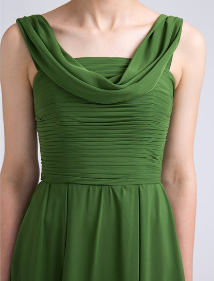 NumberSea - A - Line Bridesmaid Dress Cowl Neck Sleeveless Open Back Floor Length Chiffon with Ruched