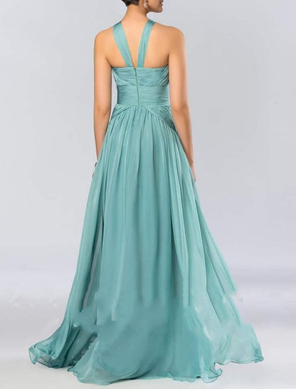 NumberSea - A - Line Bridesmaid Dress Halter Neck Sleeveless Elegant Floor Length Chiffon with Pleats / Draping