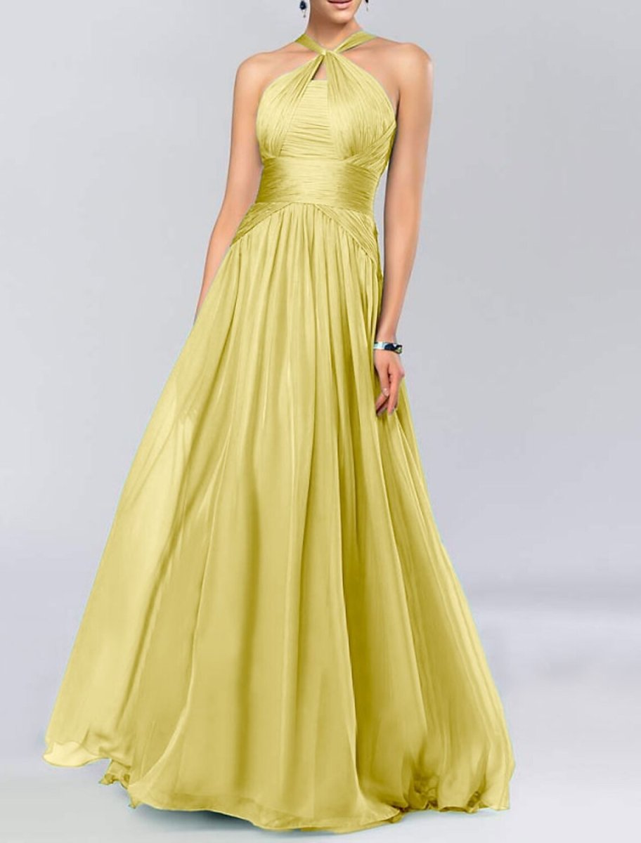 NumberSea - A - Line Bridesmaid Dress Halter Neck Sleeveless Elegant Floor Length Chiffon with Pleats / Draping