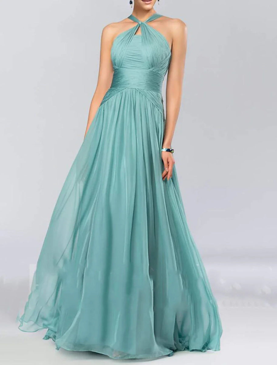 NumberSea - A - Line Bridesmaid Dress Halter Neck Sleeveless Elegant Floor Length Chiffon with Pleats / Draping