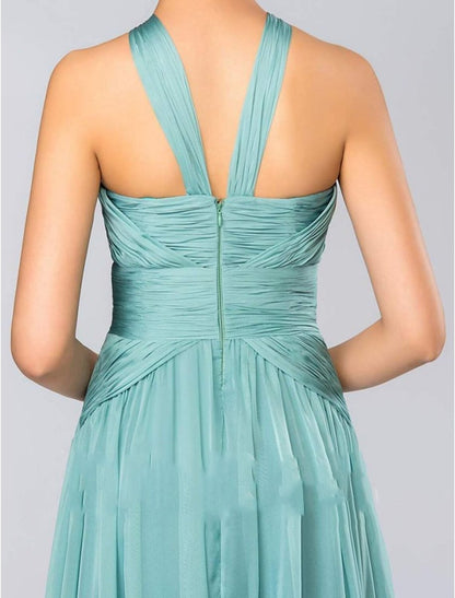 NumberSea - A - Line Bridesmaid Dress Halter Neck Sleeveless Elegant Floor Length Chiffon with Pleats / Draping