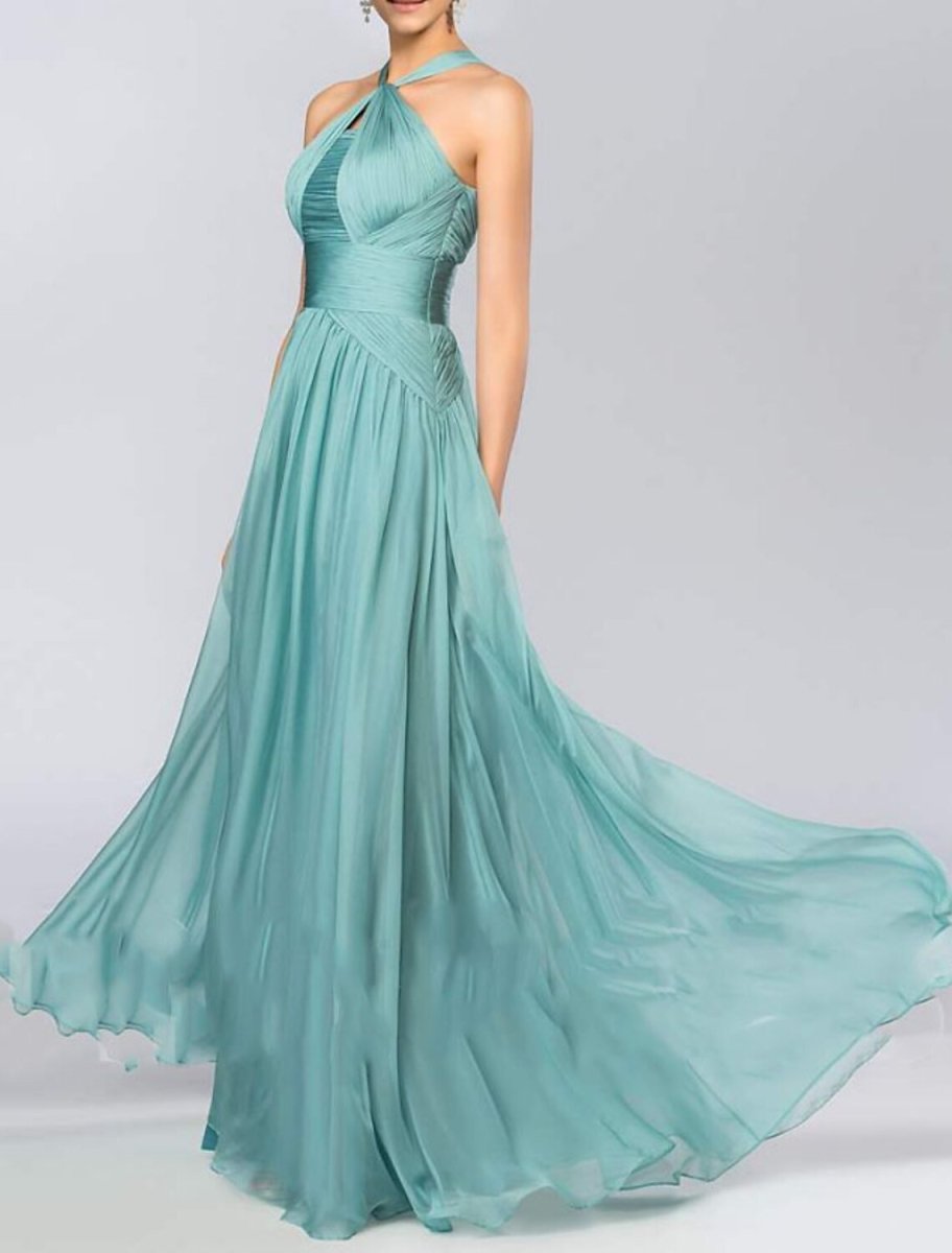 NumberSea - A - Line Bridesmaid Dress Halter Neck Sleeveless Elegant Floor Length Chiffon with Pleats / Draping