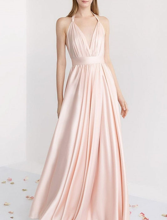 NumberSea - A - Line Bridesmaid Dress Halter Sleeveless Pink Floor Length Stretch Satin with Ruching / Solid Color