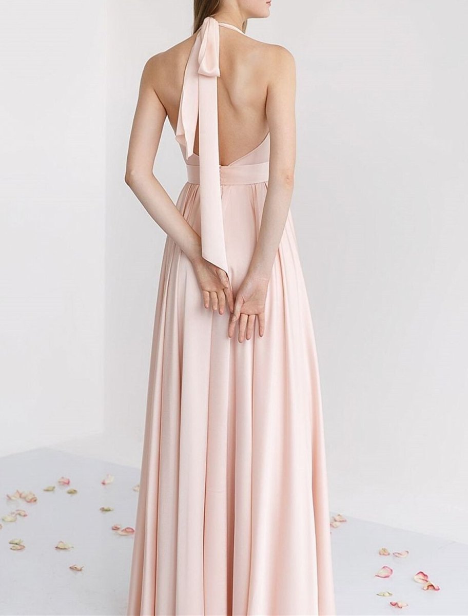 NumberSea - A - Line Bridesmaid Dress Halter Sleeveless Pink Floor Length Stretch Satin with Ruching / Solid Color