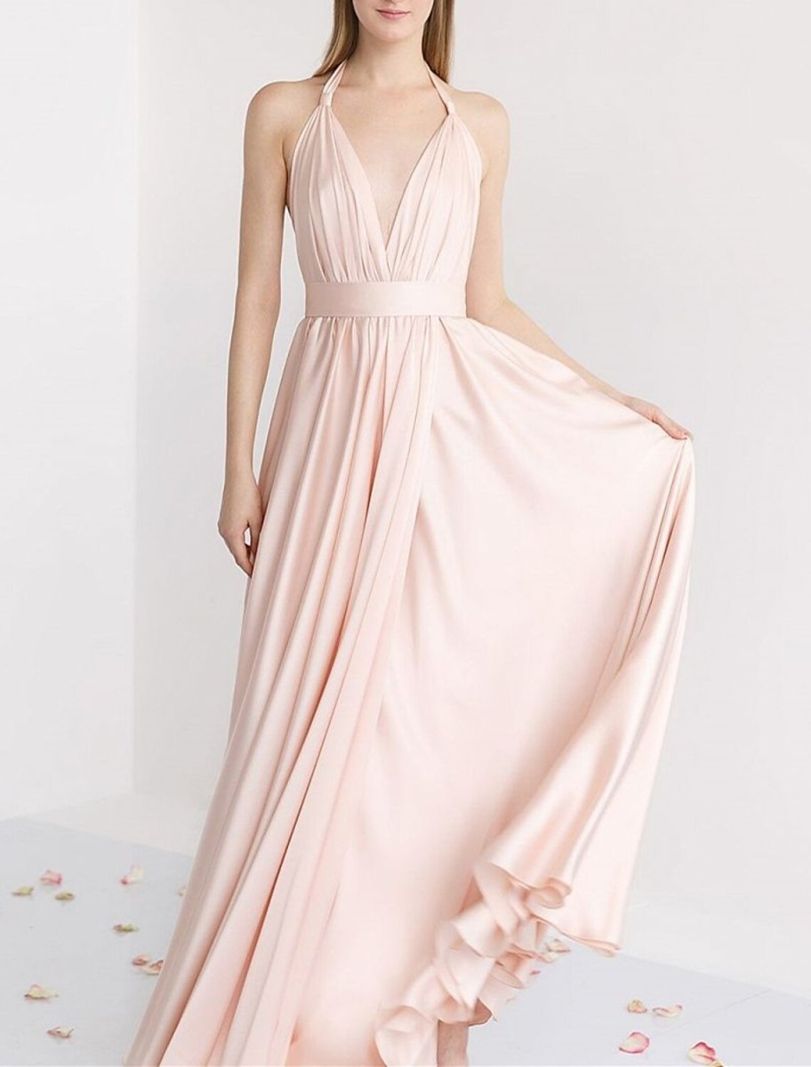 NumberSea - A - Line Bridesmaid Dress Halter Sleeveless Pink Floor Length Stretch Satin with Ruching / Solid Color