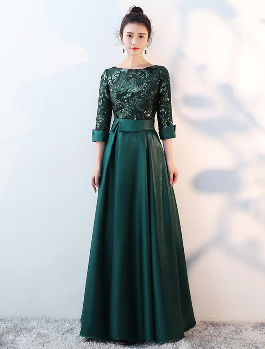 NumberSea - A - Line Bridesmaid Dress Jewel Neck Long Sleeve Beautiful Back Floor Length Satin / Tulle / Sequined with Sash / Ribbon / Pleats