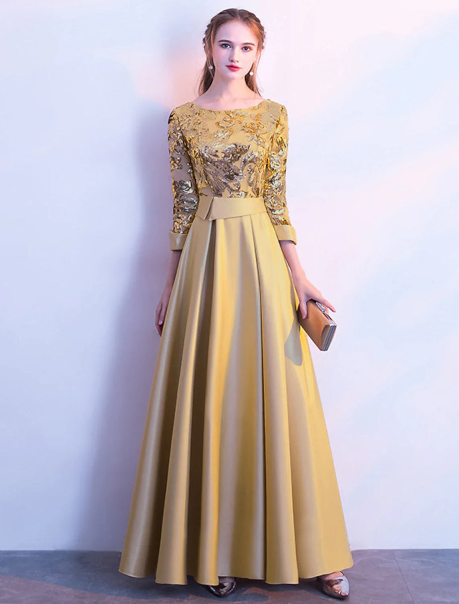 NumberSea - A - Line Bridesmaid Dress Jewel Neck Long Sleeve Beautiful Back Floor Length Satin / Tulle / Sequined with Sash / Ribbon / Pleats