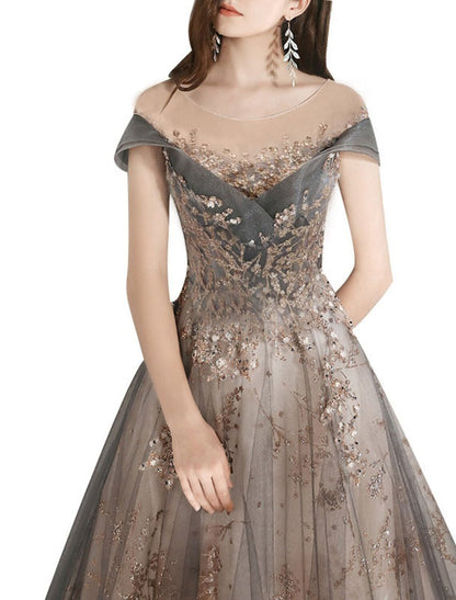 NumberSea - A - Line Bridesmaid Dress Jewel Neck Short Sleeve Beautiful Back Floor Length Tulle with Crystals / Bandage