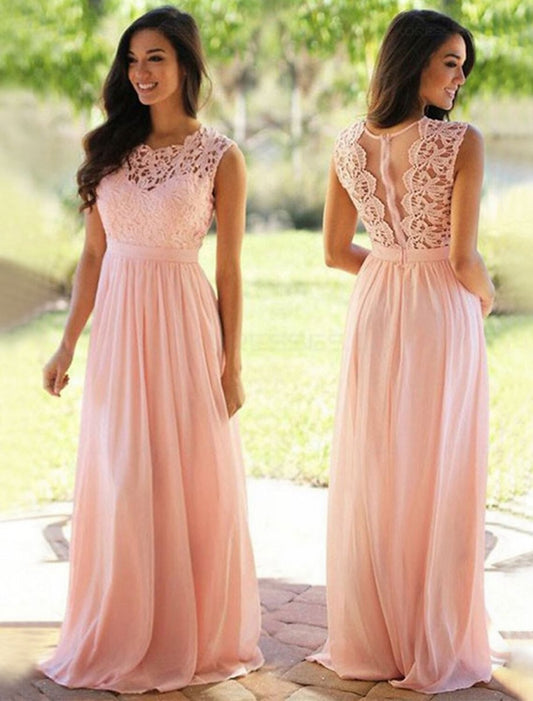 NumberSea - A - Line Bridesmaid Dress Jewel Neck Sleeveless Elegant Floor Length Chiffon / Lace with Sash / Ribbon / Pleats