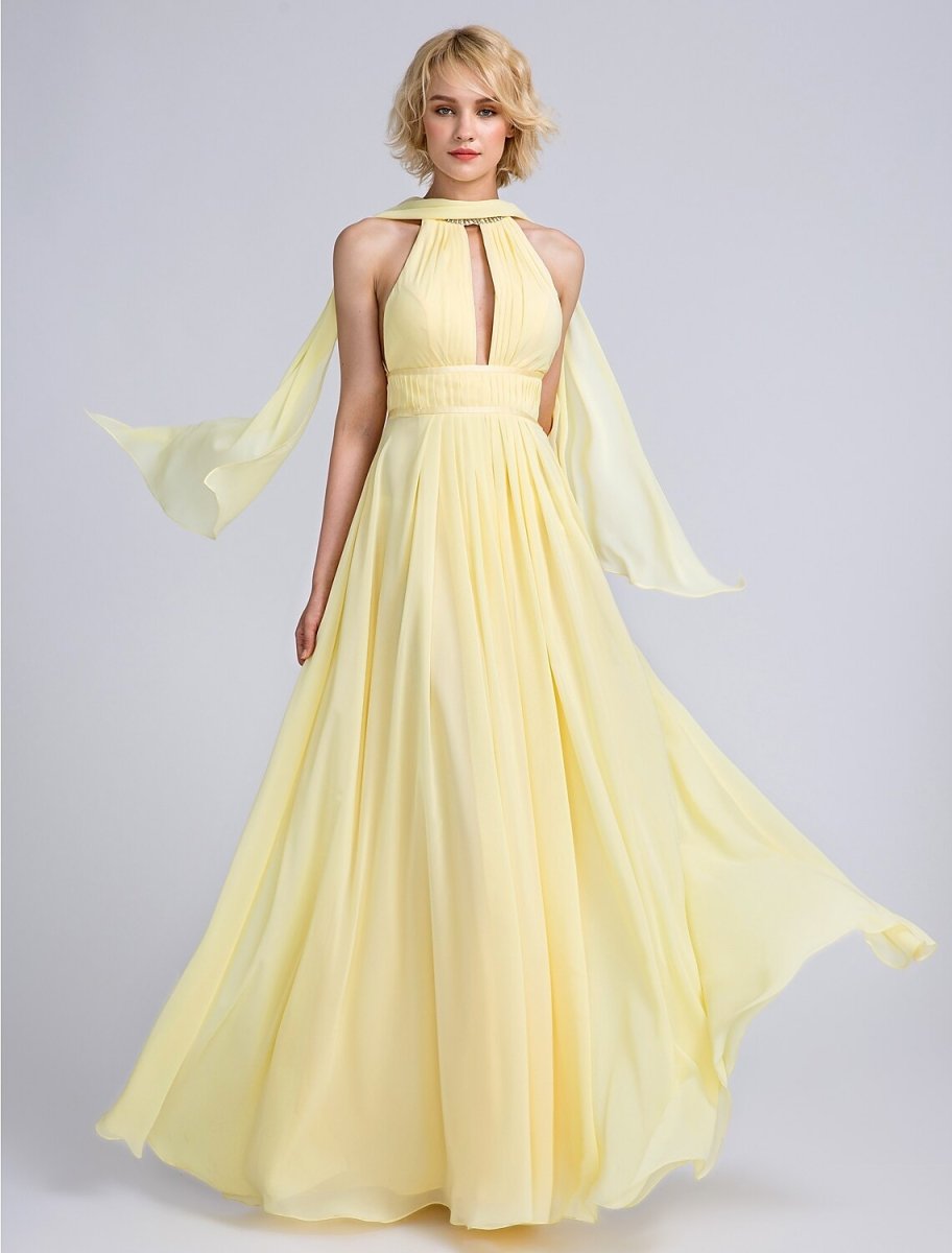 NumberSea - A - Line Bridesmaid Dress Jewel Neck Sleeveless Elegant Floor Length Chiffon with Beading / Draping