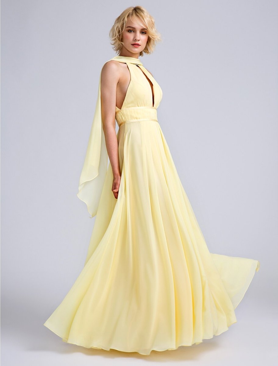 NumberSea - A - Line Bridesmaid Dress Jewel Neck Sleeveless Elegant Floor Length Chiffon with Beading / Draping