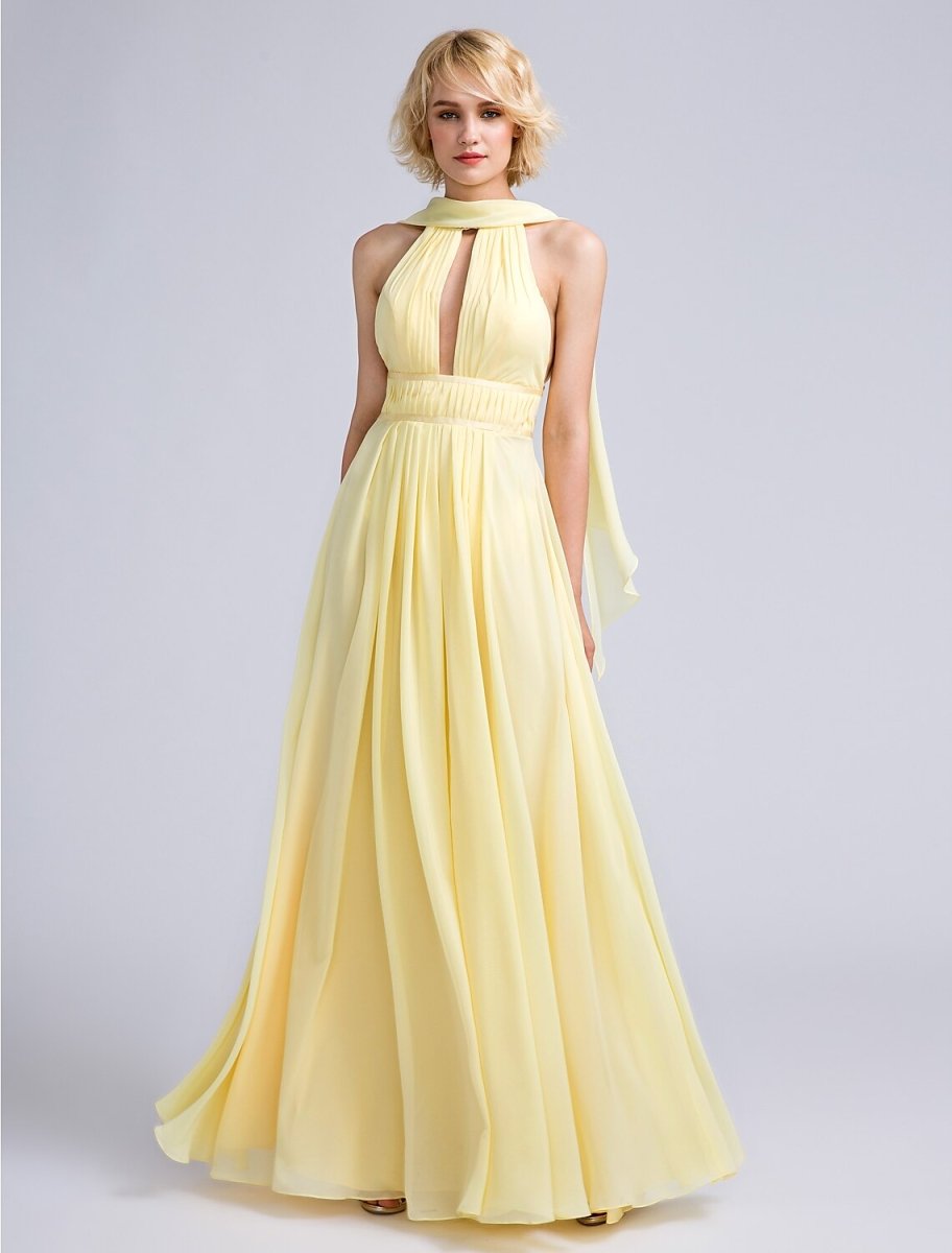 NumberSea - A - Line Bridesmaid Dress Jewel Neck Sleeveless Elegant Floor Length Chiffon with Beading / Draping