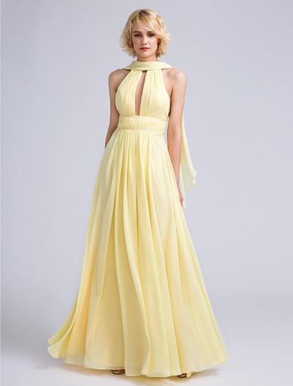 NumberSea - A - Line Bridesmaid Dress Jewel Neck Sleeveless Elegant Floor Length Chiffon with Beading / Draping