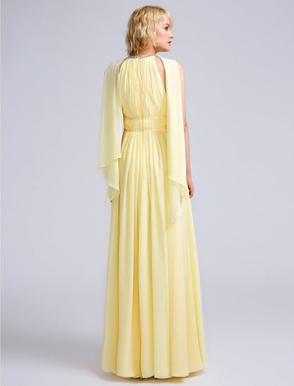 NumberSea - A - Line Bridesmaid Dress Jewel Neck Sleeveless Elegant Floor Length Chiffon with Beading / Draping