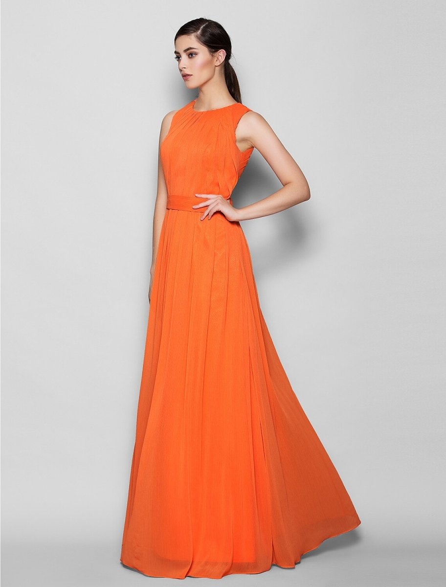 NumberSea - A - Line Bridesmaid Dress Jewel Neck Sleeveless Elegant Floor Length Chiffon with Criss Cross