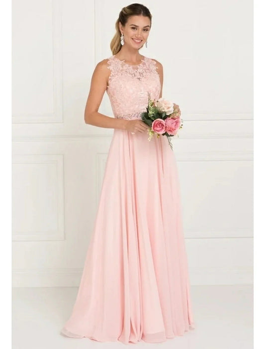 NumberSea - A - Line Bridesmaid Dress Jewel Neck Sleeveless Elegant Sweep / Brush Train Tulle with Lace / Sash / Ribbon