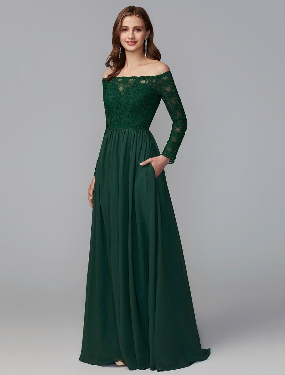 NumberSea - A - Line Bridesmaid Dress Off Shoulder Long Sleeve Elegant Floor Length Chiffon / Lace with Lace