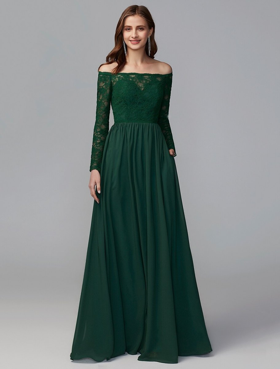 NumberSea - A - Line Bridesmaid Dress Off Shoulder Long Sleeve Elegant Floor Length Chiffon / Lace with Lace