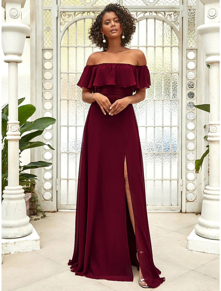 NumberSea - A - Line Bridesmaid Dress Off Shoulder Sleeveless Elegant Floor Length Chiffon with Ruffles / Draping / Solid Color