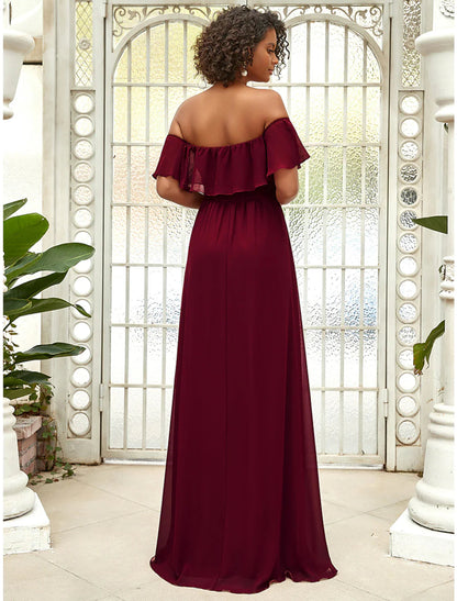 NumberSea - A - Line Bridesmaid Dress Off Shoulder Sleeveless Elegant Floor Length Chiffon with Ruffles / Draping / Solid Color