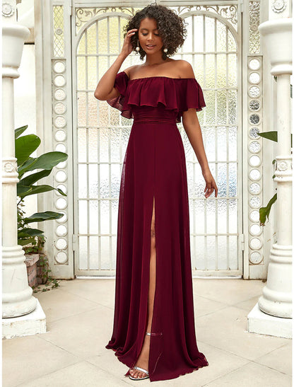 NumberSea - A - Line Bridesmaid Dress Off Shoulder Sleeveless Elegant Floor Length Chiffon with Ruffles / Draping / Solid Color