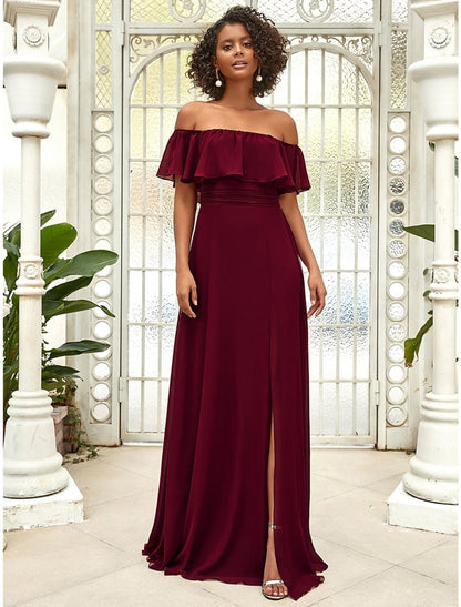 NumberSea - A - Line Bridesmaid Dress Off Shoulder Sleeveless Elegant Floor Length Chiffon with Ruffles / Draping / Solid Color