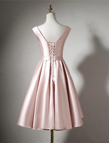 NumberSea - A - Line Bridesmaid Dress Off Shoulder Sleeveless Elegant Tea Length Satin with Bow(s) / Pleats