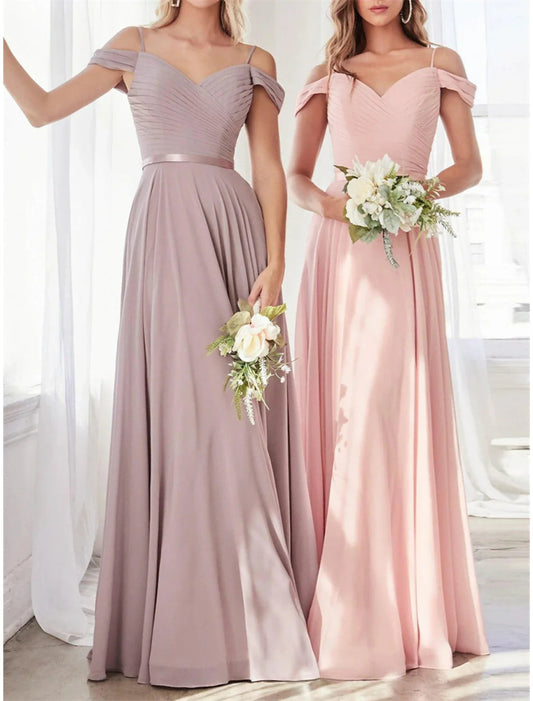 NumberSea - A - Line Bridesmaid Dress Off Shoulder Sleeveless Pink Floor Length Chiffon with Sash / Ribbon / Ruching