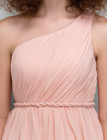 NumberSea - A - Line Bridesmaid Dress One Shoulder Sleeveless All Celebrity Styles Knee Length Chiffon with Side Draping