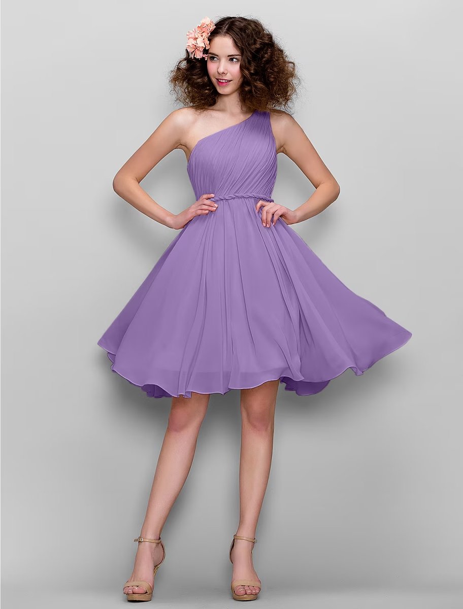 NumberSea - A - Line Bridesmaid Dress One Shoulder Sleeveless All Celebrity Styles Knee Length Chiffon with Side Draping