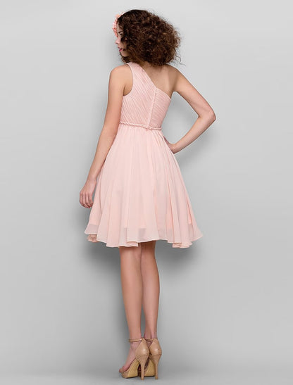 NumberSea - A - Line Bridesmaid Dress One Shoulder Sleeveless All Celebrity Styles Knee Length Chiffon with Side Draping