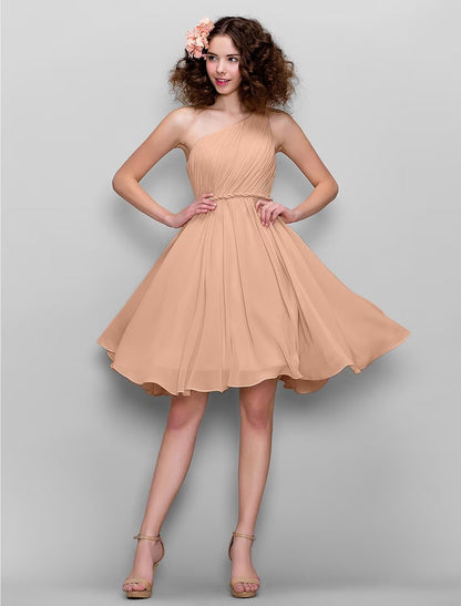 NumberSea - A - Line Bridesmaid Dress One Shoulder Sleeveless All Celebrity Styles Knee Length Chiffon with Side Draping