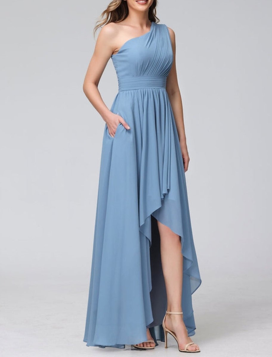 NumberSea - A - Line Bridesmaid Dress One Shoulder Sleeveless Blue Asymmetrical Chiffon with Solid Color