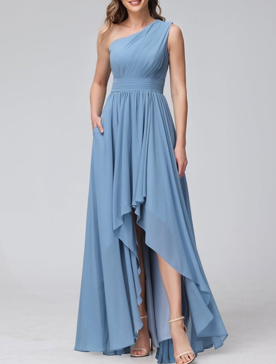 NumberSea - A - Line Bridesmaid Dress One Shoulder Sleeveless Blue Asymmetrical Chiffon with Solid Color