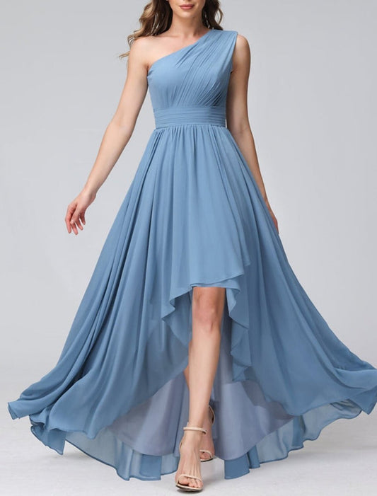 NumberSea - A - Line Bridesmaid Dress One Shoulder Sleeveless Blue Asymmetrical Chiffon with Solid Color