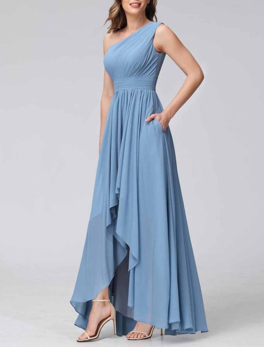 NumberSea - A - Line Bridesmaid Dress One Shoulder Sleeveless Blue Asymmetrical Chiffon with Solid Color