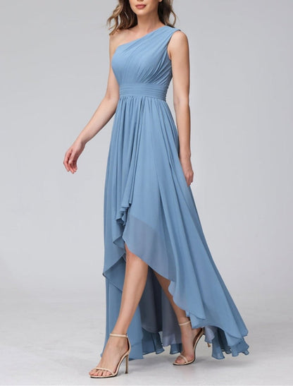 NumberSea - A - Line Bridesmaid Dress One Shoulder Sleeveless Blue Asymmetrical Chiffon with Solid Color