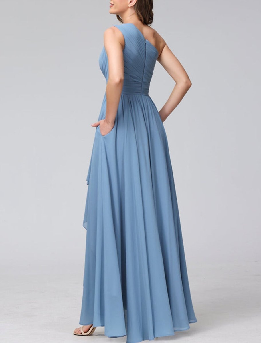 NumberSea - A - Line Bridesmaid Dress One Shoulder Sleeveless Blue Asymmetrical Chiffon with Solid Color