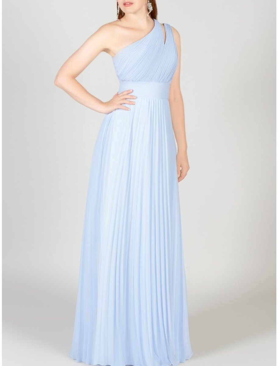 NumberSea - A - Line Bridesmaid Dress One Shoulder Sleeveless Blue Floor Length Chiffon with Ruching